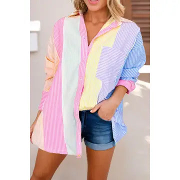 Colorful Patchwork Button Down Top