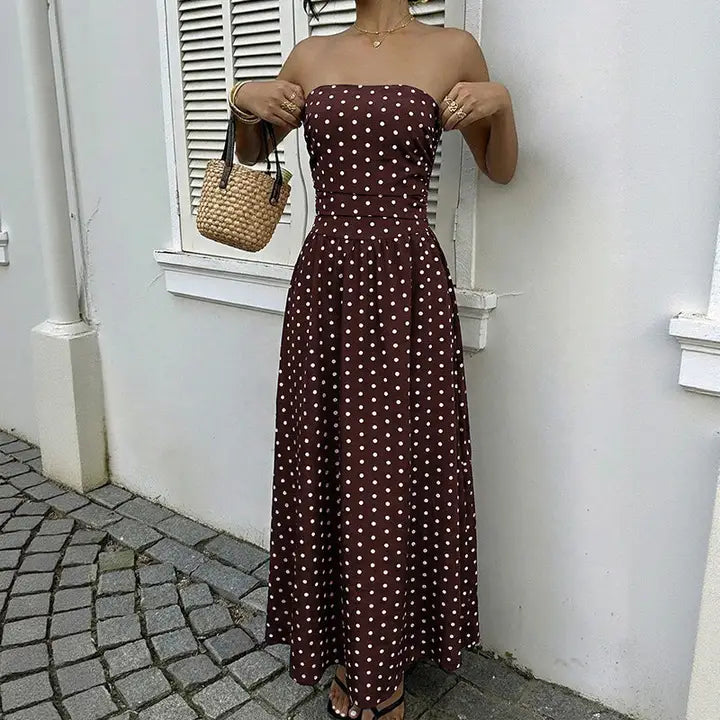 Chocolate Polka Dot Strapless Maxi Dress