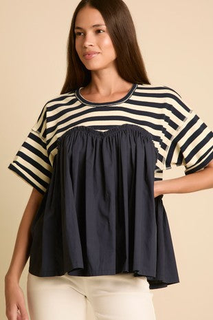 Navy & Cream Striped Peplum Top
