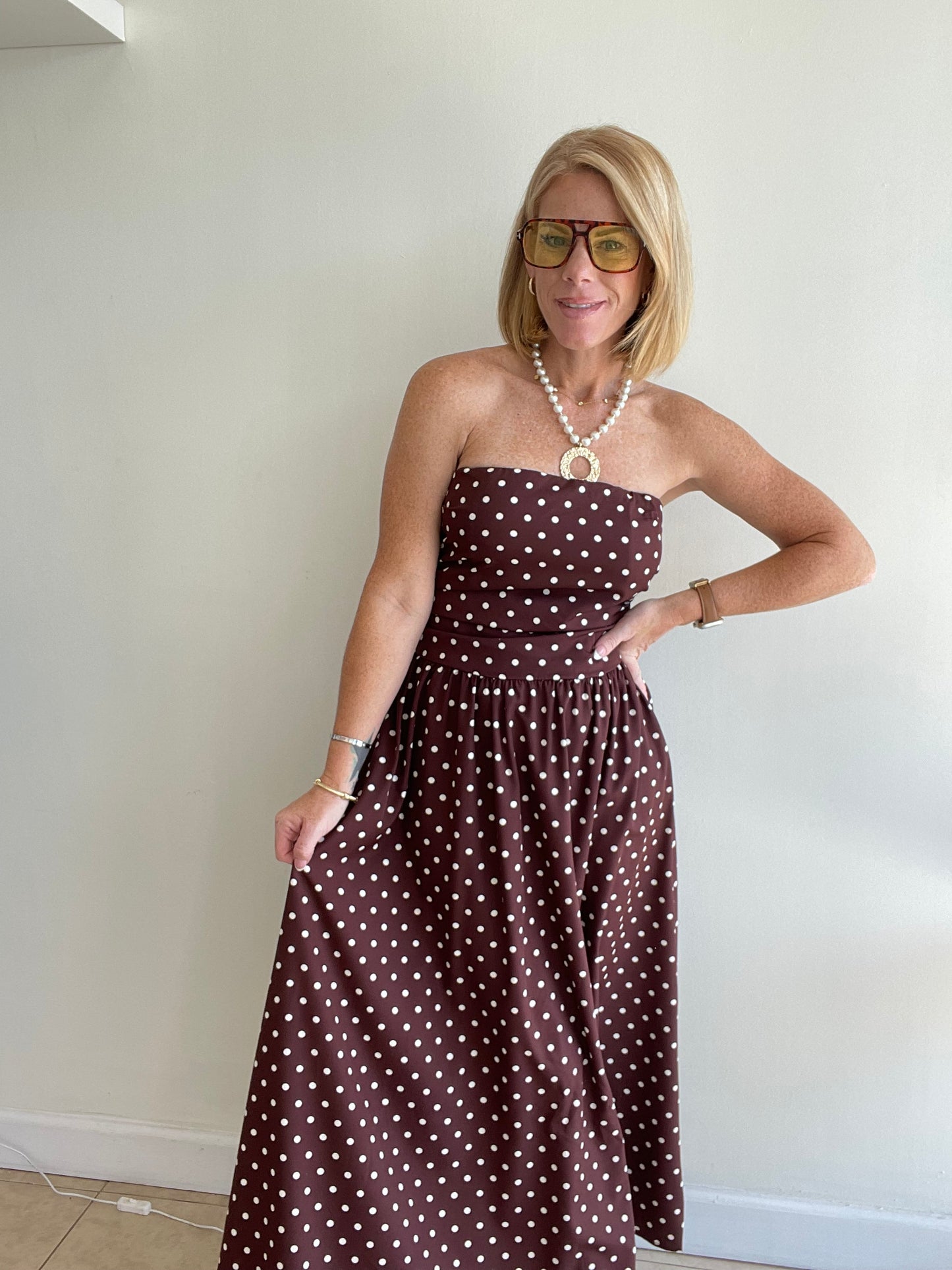 Chocolate Polka Dot Strapless Maxi Dress