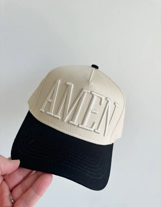 Amen Embroidered Trucker Hat - Cream and Black
